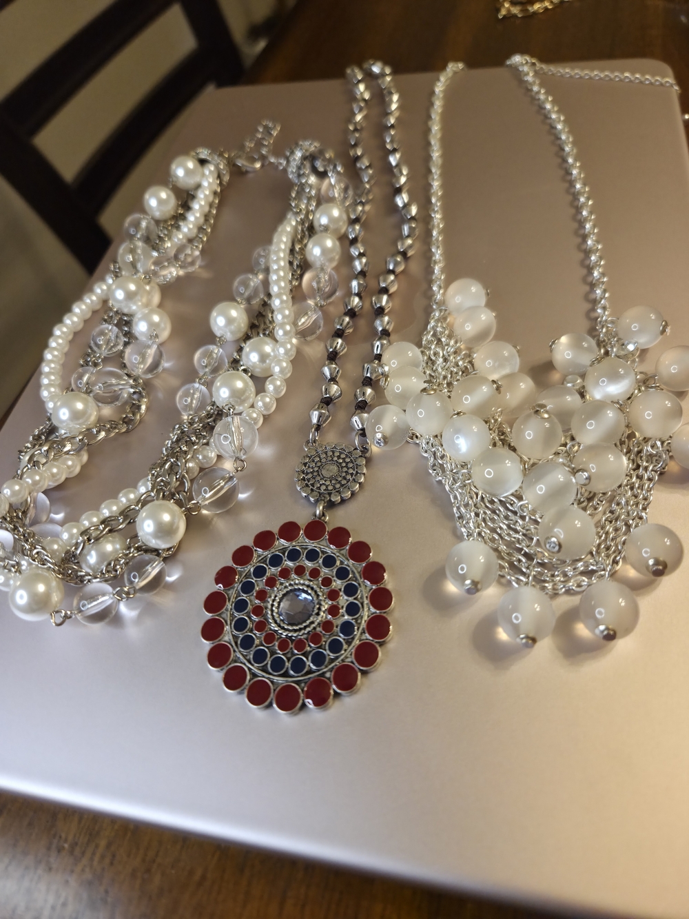 Pearls, Red/Blue Enamel Pendant and Crystal Beads / Vintage Style / Impeccable